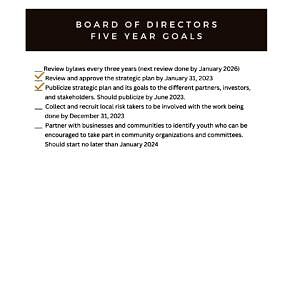 A page of the board of directors five year goals.